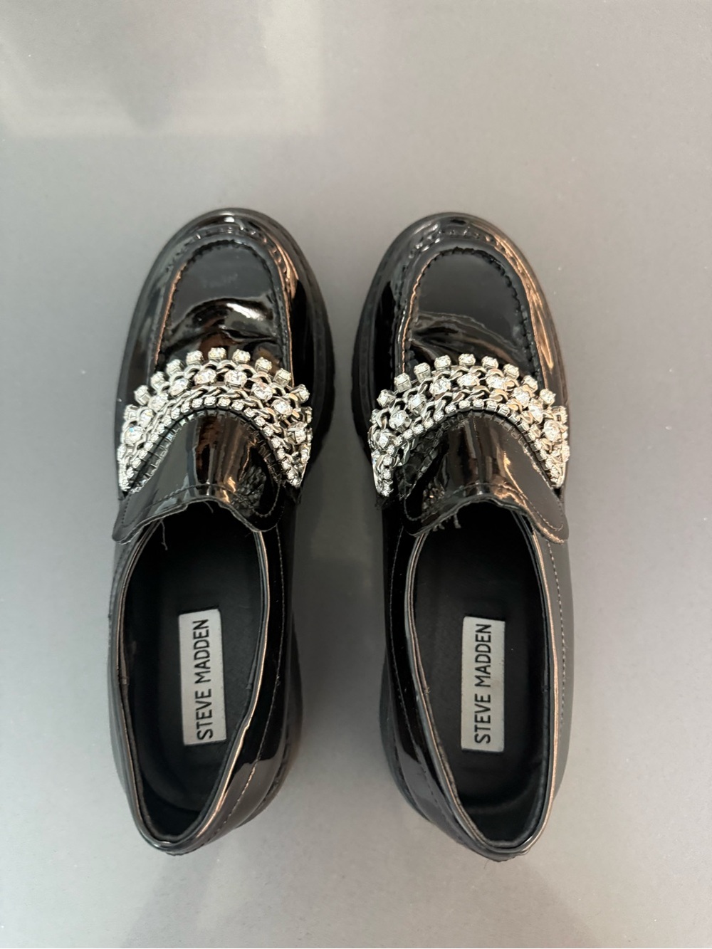Steve Madden Black Patent Loafers with Silver Crystal Trim